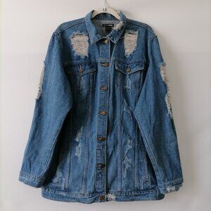 Fashion Nova Womens Blue Long Sleeve Cut Off Distressed Denim Jacket Size XL